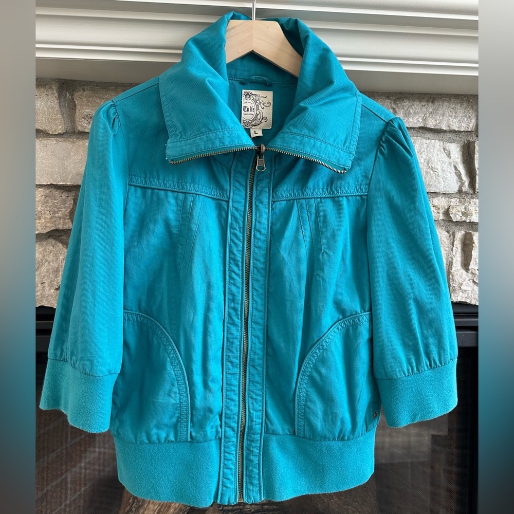 ✨NWT✨ Tulle Corduroy zip up jacket with large collar 3/4 length sleeves size L - Picture 4 of 14